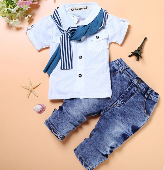 conjunto menino (calça jeans + camisa + lenço)